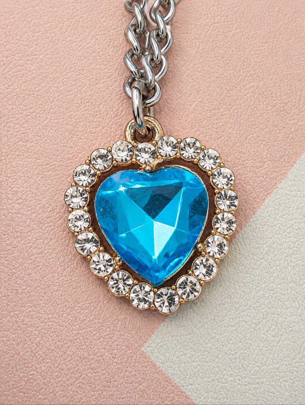 NWT Handmade Two-Tone Blue Rhinestone Heart Pendant Necklace Sz 21.25"